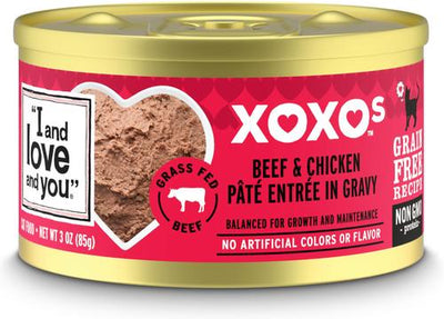 XOXO Beef & Chicken Pate Grain-Free Canned Cat Food, 3-oz can, case of 24