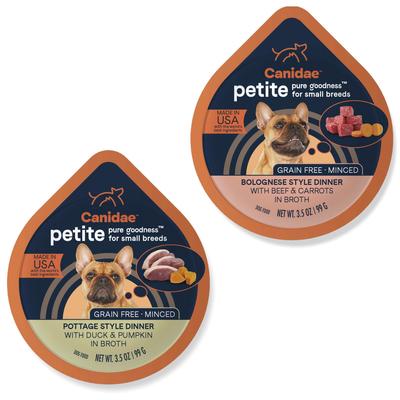 Paquete: CANIDAE PURE Petite - Cena estilo potaje con pato y calabaza para razas pequeñas + Cena estilo boloñesa con ternera y zanahorias para razas pequeñas - Bandejas de comida húmeda para perros