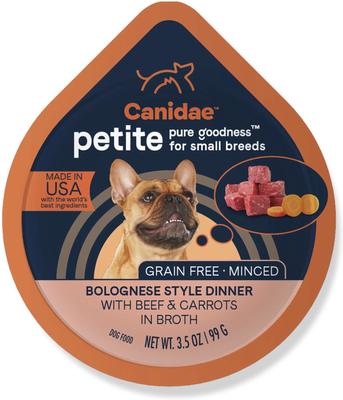 Bundle: CANIDAE PURE Petite Small Breed Pottage Style Dinner with Duck & Pumpkin Breed + Small Breed Bolognese Style Dinner with Beef & Carrots Wet Dog Food Trays