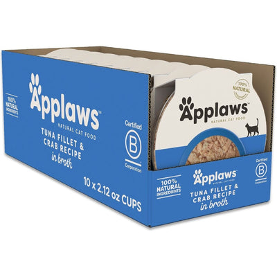 Alimento Húmedo Cups, Filete de Atún y Cangrejo Recipe en Broth. 60 g, caja de 10. - Applaws