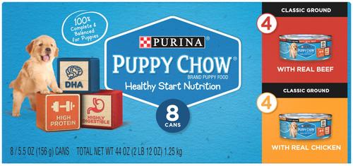 Purina Puppy Chow Classic Ground Real Beef & Chicken Wet Puppy Food Variety Pack, 5.5-oz can, case of 8