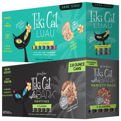 Paquete: Comida enlatada para gatos Tiki Cat Luau, sin cereales, 2.8 oz (caja de 12) + Comida enlatada para gatos Tiki Cat After Dark, 2.8 oz (caja de 12)