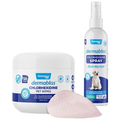 Bundle: Vetnique Labs Dermabliss Medicated Hot Spot & Skin Fold Wipes, 50 count + Ketoconazole Dog & Cat Spray, 8-oz bottle