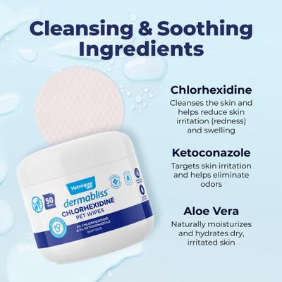 Bundle: Vetnique Labs Dermabliss Medicated Hot Spot & Skin Fold Wipes, 50 count + Ketoconazole Dog & Cat Spray, 8-oz bottle