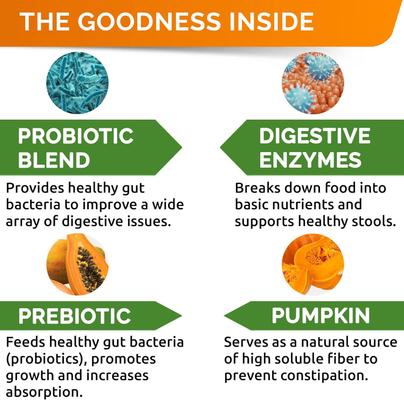 Vet Strength Probiotics & Digestive Enzymes Fiber Chew Supplement & Digestion & Gut Health for Dogs, 120 count