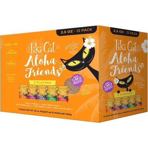 Alimento húmedo para gatos sin cereales Aloha Friends Variety Pack, bolsa de 2.5 oz, caja de 12