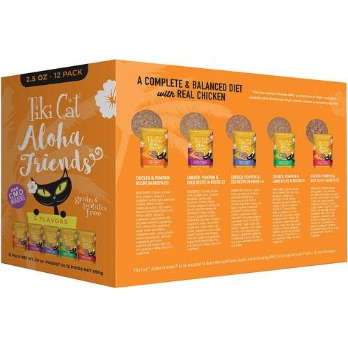 Alimento húmedo para gatos sin cereales Aloha Friends Variety Pack, bolsa de 2.5 oz, caja de 12