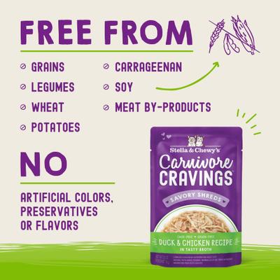 Carnivore Cravings Duck & Chicken Flavored Shredded Wet Cat Food, 2.8-oz pouch, case of 24