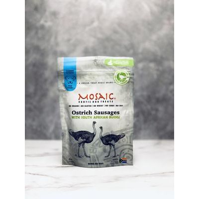Salchichas de avestruz sudafricanas con infusión de buchu, premios para perros, bolsa de 85 g
