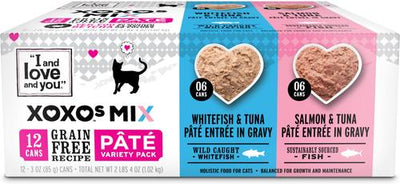Comida enlatada para gatos XOXO Salmon & Whitefish Pate, sin cereales, paquete variado, lata de 3 oz, caja de 12