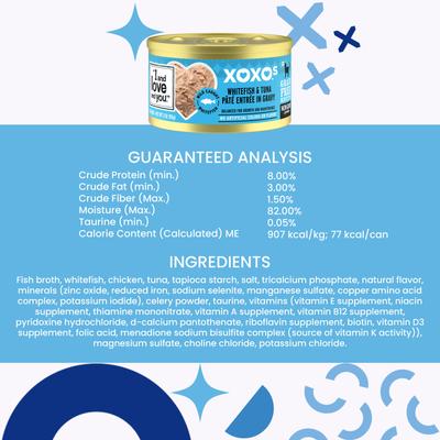 Comida enlatada para gatos XOXO Salmon & Whitefish Pate, sin cereales, paquete variado, lata de 3 oz, caja de 12