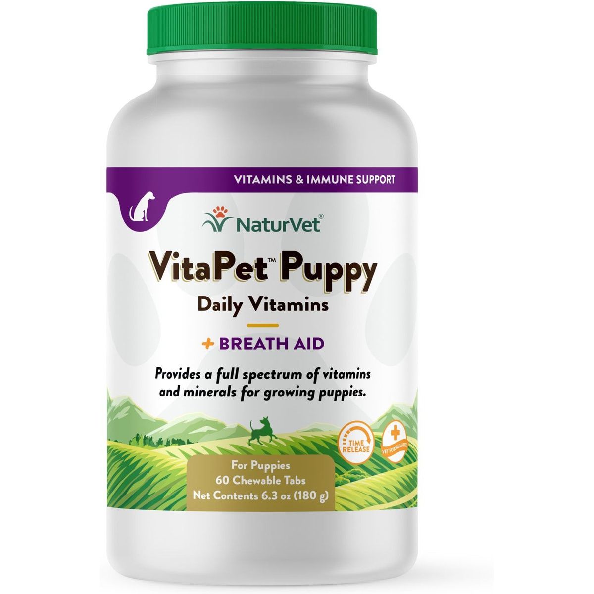 NaturVet VitaPet Puppy Plus Breath Aid para cachorros, frasco de 60 tabletas masticables