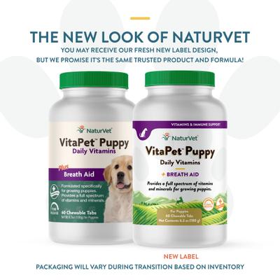NaturVet, VitaPet Puppy Plus Breath Aid, tabletas multivitamínicas con minerales y apoyo al aliento para cachorros, 60 unidades