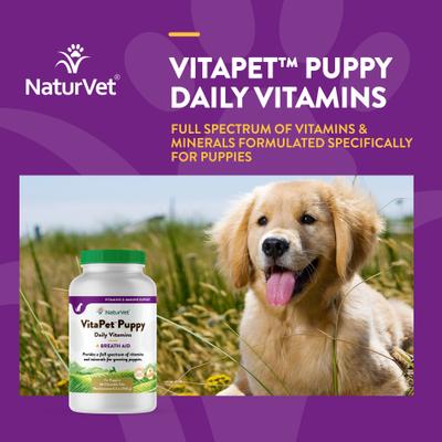NaturVet, VitaPet Puppy Plus Breath Aid, tabletas multivitamínicas con minerales y apoyo al aliento para cachorros, 60 unidades