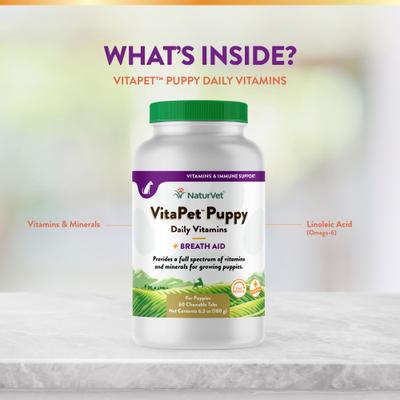 NaturVet, VitaPet Puppy Plus Breath Aid, tabletas multivitamínicas con minerales y apoyo al aliento para cachorros, 60 unidades