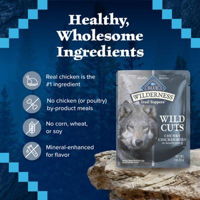 Wilderness Trail Toppers Wild Cuts Chunky Chicken Bites in Hearty Gravy Grain-Free Dog Food Topper, 3-oz, case of 24