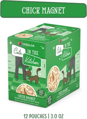 Comida para gatos sin cereales con receta de pollo y caballa Chick Magnet de Cats in the Kitchen, bolsa de 3 oz, caja de 12