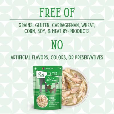 Comida para gatos sin cereales con receta de pollo y caballa Chick Magnet de Cats in the Kitchen, bolsa de 3 oz, caja de 12