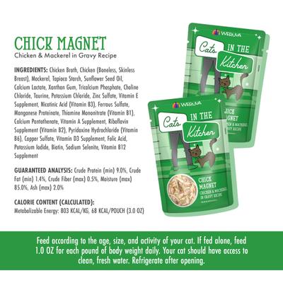 Comida para gatos sin cereales con receta de pollo y caballa Chick Magnet de Cats in the Kitchen, bolsa de 3 oz, caja de 12
