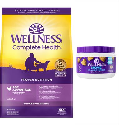 Paquete: Suplementos masticables Wellness Move para cadera y articulaciones con sabor a pollo + Alimento seco para perros mayores Complete Health con receta de pollo deshuesado y cebada