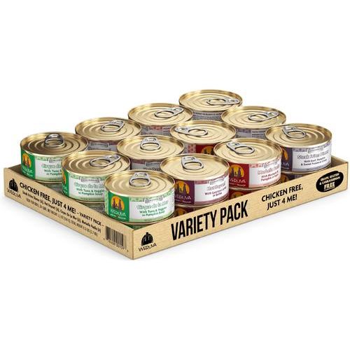 Alimento enlatado para perros sin pollo Just 4 Me, paquete variado, sin cereales, 14 oz, caja de 12