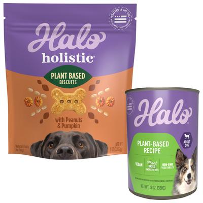 Bundle: Halo Holistic Garden of Vegan Canned Food + Healthsome Garden of Vegan Peanut n’ Pumpkin Dog Biscuit Treats