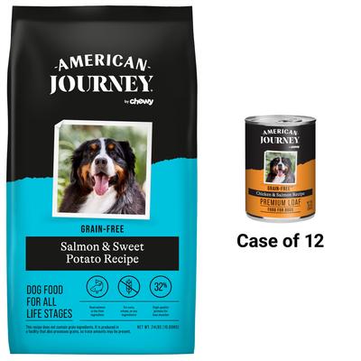 Bundle: American Journey Chicken & Salmon Recipe Canned Food + Salmon & Sweet Potato Recipe Dry Dog Food