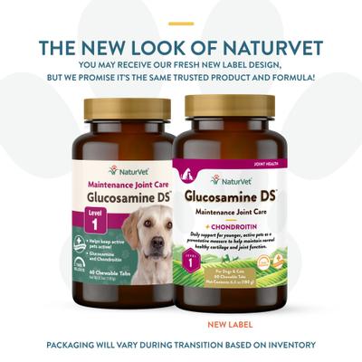 NaturVet, Maintenance Joint Care Glucosamine DS, glucosamina, condroitina y omegas para articulaciones de perros y gatos, tabletas y masticables, 60–240 unidades