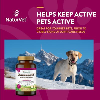 NaturVet, Maintenance Joint Care Glucosamine DS, glucosamina, condroitina y omegas para articulaciones de perros y gatos, tabletas y masticables, 60–240 unidades