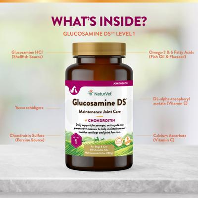NaturVet, Maintenance Joint Care Glucosamine DS, glucosamina, condroitina y omegas para articulaciones de perros y gatos, tabletas y masticables, 60–240 unidades