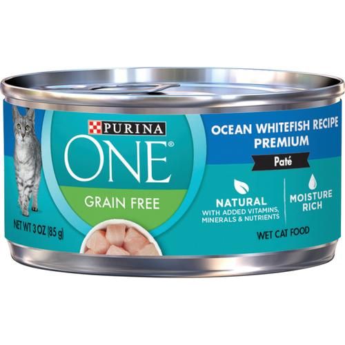 Alimento enlatado para gatos con alto contenido proteico natural, sin cereales, receta de pescado blanco del océano, 3 oz, caja de 24