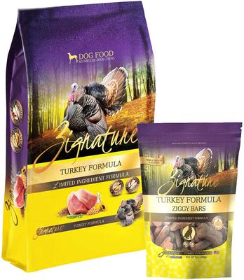 Paquete: Alimento seco sin cereales Zignature Turkey con ingredientes limitados + premios de galleta Ziggy Bars para perros con fórmula de pavo