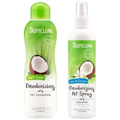 Paquete: Champú desodorante TropiClean con aloe y coco (botella de 20 onzas líquidas) + Spray desodorante para perros y gatos con lima y coco (botella de 8 onzas líquidas)