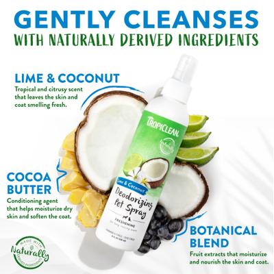Paquete: Champú desodorante TropiClean con aloe y coco (botella de 20 onzas líquidas) + Spray desodorante para perros y gatos con lima y coco (botella de 8 onzas líquidas)
