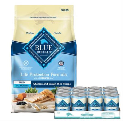 Bundle: Blue Buffalo Homestyle Recipe Puppy Chicken Dinner with Garden Vegetables Canned Food + Life Protection Formula Puppy Chicken & Brown Rice Recipe Dry Dog Food