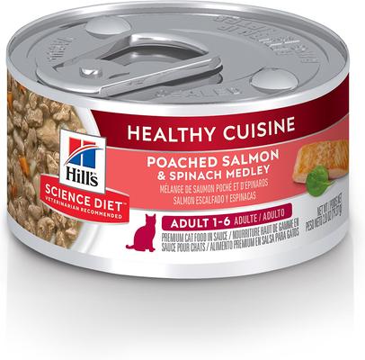 Adult Healthy Cuisine Poached Salmon & Spinach Medley Wet Cat Food, 2.8-oz can, case of 24