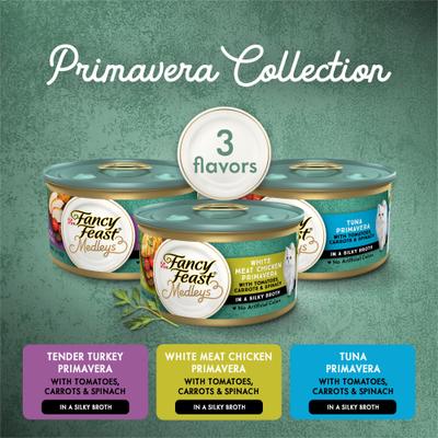 Comida húmeda gourmet para gatos Medleys Primavera Collection, paquete variado de pollo, pavo y atún en caldo, 3 oz, caja de 12