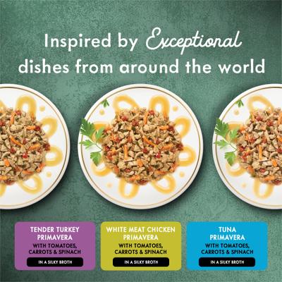 Comida húmeda gourmet para gatos Medleys Primavera Collection, paquete variado de pollo, pavo y atún en caldo, 3 oz, caja de 12