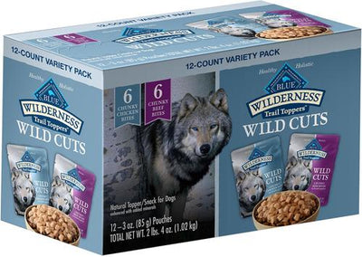 Wilderness Trail Toppers Wild Cuts - Alimento húmedo para perros con sabores de pollo y carne, paquete variado, bolsa de 3 oz, caja de 12