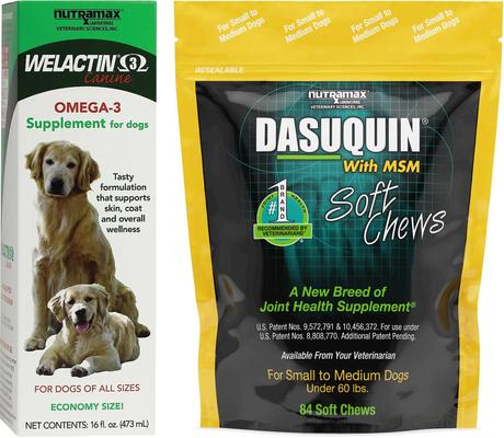 Bundle: Nutramax Welactin Canine Omega-3 Liquid + Dasuquin with MSM Soft Chews Joint Health Small/Medium Dog Supplement
