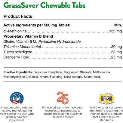 NaturVet, GrassSaver Chewable Tablets, cuidado urinario y protección del césped con DL-metionina para perros, 250 / 500 tabletas