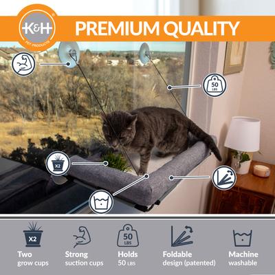 EZ Mount Deluxe Bolstered Kitty Sill with Cat Grass Grow Station Cat Window Perch, Gray