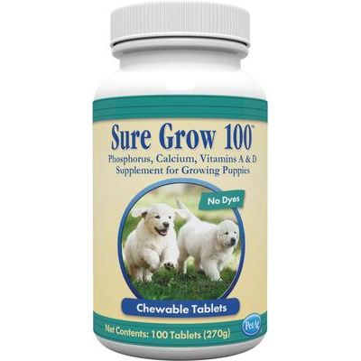 PetAg, Sure Grow 100, Calcium + Phosphorus + Vitamins A & D, para Cachorros, 100 tabletas masticables.
