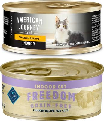 Bundle: American Journey Indoor Pate Chicken Recipe Grain-Free Canned Cat Food, 5.5-oz, case of 24 + Blue Buffalo Freedom Indoor Adult Chicken Recipe Grain-Free Canned Cat Food, 5.5-oz, case of 24