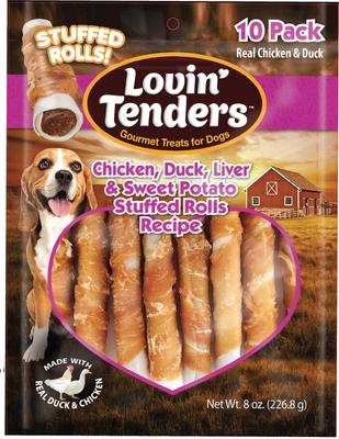Chicken, Duck, Liver & Sweet Potato Stuffed Rolls Recipe Dog Jerky Treat, 8-oz bag