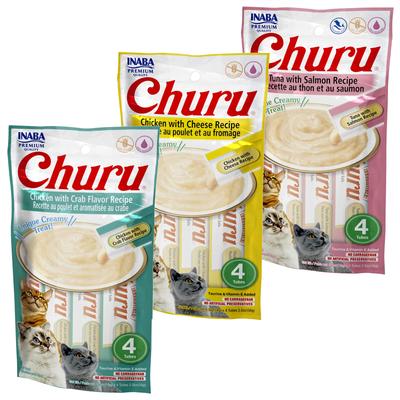 Bundle: Variety Pack - Inaba Churu Grain-Free Tuna with Salmon Puree Lickable Cat Treat, 0.5-oz tube, pack of 4, Chicken with Cheese & Chicken with Crab Flavors