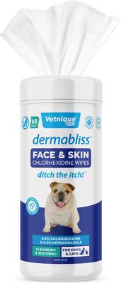 Toallitas medicinales Dermabliss para el cuidado facial, de arrugas y pliegues con clorhexidina para gatos y perros, 60 unidades