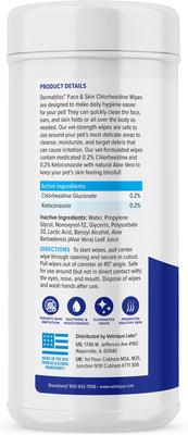 Toallitas medicinales Dermabliss para el cuidado facial, de arrugas y pliegues con clorhexidina para gatos y perros, 60 unidades