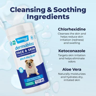 Dermabliss Medicated Face, Wrinkle & Skin Fold Chlorhexidine Cat & Dog Grooming Wipes, 60 count
