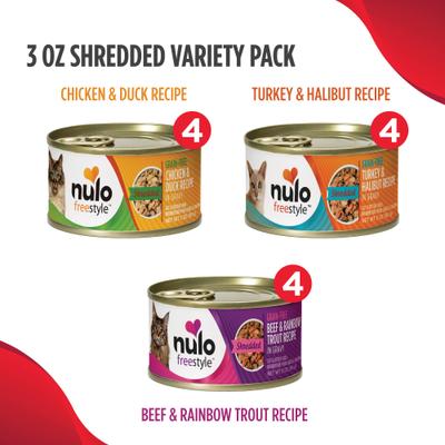 Freestyle Shredded Chicken & Duck, Shredded Beef & Rainbow Trout, Shredded Turkey & Halibut Grain-Free Variety Pack Canned Cat Food, 3-oz can, case of 12